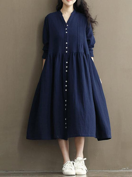 Vintage Button Linen Cotton Long Sleeve Midi Dress
