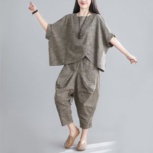 Summer New Women's Suits RETRO Art Stripe Short Sleeve T-shirt Loose Top Women's Knickerbockers Casual Pants Two Piece Sets