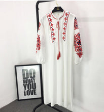 Load image into Gallery viewer, New ethnic style long sleeved mid length dress with embroidered lace up loose A-line lantern sleeve dress