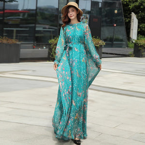 2023 New Arrives Chiffon Long Sleeve Floral Print Dress Boho Plus Size Women Beach Party Garden Maxi Dress Elegant Vestidos Robe