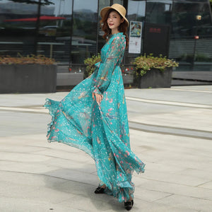 2023 New Arrives Chiffon Long Sleeve Floral Print Dress Boho Plus Size Women Beach Party Garden Maxi Dress Elegant Vestidos Robe