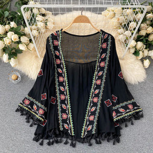 2023 Summer Women's Shirt Bohemian Holiday Style Embroidered Tassel Chiffon Cardigan New Waist Female Slim Short Tops E015