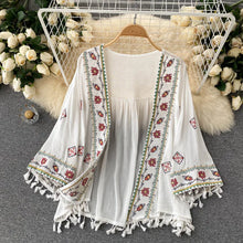 Load image into Gallery viewer, 2023 Summer Women&#39;s Shirt Bohemian Holiday Style Embroidered Tassel Chiffon Cardigan New Waist Female Slim Short Tops E015