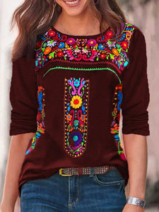 2024 Independent Station Spring/Summer New Women's Top with Bohemian Print V-neck Long sleeved T-shirt for Women