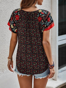 2024 Summer Floral Print Blouses For Women Fashion V Neck Short Sleeve Boho Beach Casual Tops Female Elegant Shirt New Womenes