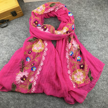 Load image into Gallery viewer, Embroidery Linen Flower Shawl Cotton and Linen Versatile Long Sunscreen Travel Scarf