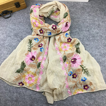 Load image into Gallery viewer, Embroidery Linen Flower Shawl Cotton and Linen Versatile Long Sunscreen Travel Scarf
