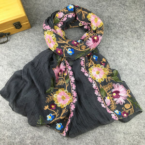 Embroidery Linen Flower Shawl Cotton and Linen Versatile Long Sunscreen Travel Scarf