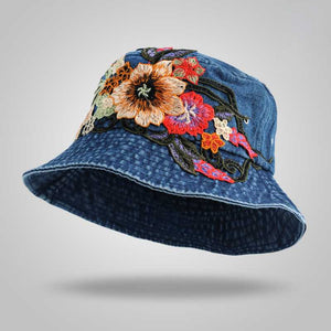Fashion National Style Embroidered Denim Fisherman Hat Outdoor Sun Protection Travel Street Basin Hat.