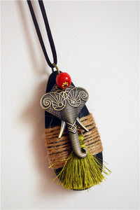 Vintage Ethnic Style New Cotton and Hemp Accessories Hemp Rope Wood Tassel Elephant Long Necklace Sweater Chain