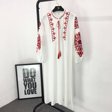 Load image into Gallery viewer, New ethnic style long sleeved mid length dress with embroidered lace up loose A-line lantern sleeve dress