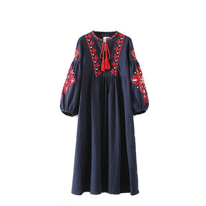 New ethnic style long sleeved mid length dress with embroidered lace up loose A-line lantern sleeve dress