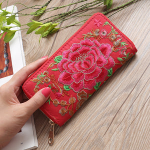 Ethnic Style Purse Single Female Handbag Embroidered Roses Large-capacity Card Bag with Mobile Phone Bag