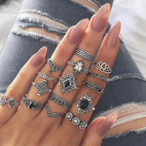 15 Piece Ring Set Personalized Fashion Style Hollow out Lotus Sunflower Geometry Black Gem Set Ring