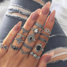 Load image into Gallery viewer, 15 Piece Ring Set Personalized Fashion Style Hollow out Lotus Sunflower Geometry Black Gem Set Ring