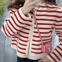 Load image into Gallery viewer, Autumn and winter Korean contrasting striped knitted cardigan women&#39;s winter single -row metal buckle pocket sweater cardigans