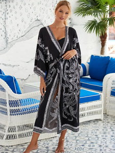 Bohemian Printed Belt Kimono Plus Size Batwing Sleeve Dress Summer Autumn Women Loose Beachwear Swimsuit Cover Up Sarong
