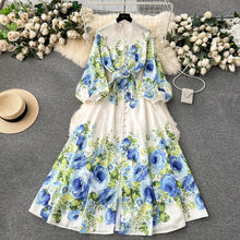 Load image into Gallery viewer, Elegant Gorgeous Floral Bohemian Dress Spring Women Stand Long Lantern Sleeve Floral Print Belt Linen Long Vestidos Clothes 6235