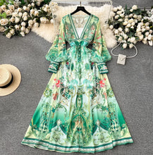 Load image into Gallery viewer, Elegant Lantern Sleeve Single-breasted Dress Bohemian Slim Waist Belt Fashion Dresses Women Vintage A-line Print Party Vestidos