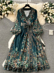 Elegant Lantern Sleeve Single-breasted Dress Bohemian Slim Waist Belt Fashion Dresses Women Vintage A-line Print Party Vestidos