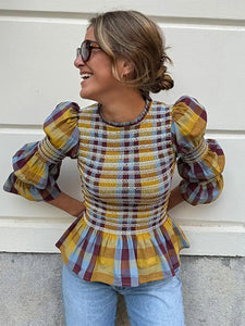 Elegant Plaid Printed Puff Sleeves Shirts Women Leisure Ruffle Hem O Neck Short Top 2025 Spring Female Loose High Street Tops