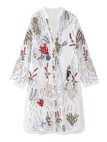 Fitshinling Bohemian Embroidery Shirt Dress Female Clothing Flower Straight Vestidos Femme Fashion Vintage Midi Dresses Women