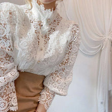 Load image into Gallery viewer, Women Chiffon Button Turtleneck Shirt Chic Elegant Floral Lace Fluffy Long Sleeve Top Fashion Hollow Oversize White Blouse 2025