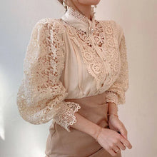 Load image into Gallery viewer, Women Chiffon Button Turtleneck Shirt Chic Elegant Floral Lace Fluffy Long Sleeve Top Fashion Hollow Oversize White Blouse 2025