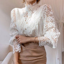 Load image into Gallery viewer, Women Chiffon Button Turtleneck Shirt Chic Elegant Floral Lace Fluffy Long Sleeve Top Fashion Hollow Oversize White Blouse 2025