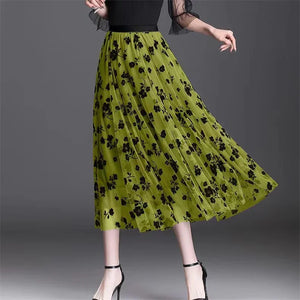 Mesh Floral Skirt For Women 2023 Autumn Winter Lace Flocking Fashion Big Swing Elastic High Waisted Elegant Mujer Party A-Line