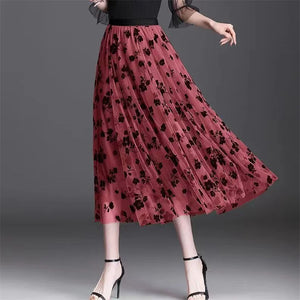 Mesh Floral Skirt For Women 2023 Autumn Winter Lace Flocking Fashion Big Swing Elastic High Waisted Elegant Mujer Party A-Line