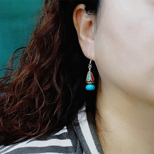 Original Ethnic Tibetan Earrings Female Sterling Silver Natural Turquoise Earrings Nepalese Vintage Palace Earrings