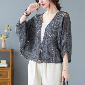 Spring/Summer Cotton Embroidered Lace Cardigan Short Bat Sleeves Loose Shawl 7/4 Sleeve Air Conditioning Sun Protection Cover Up