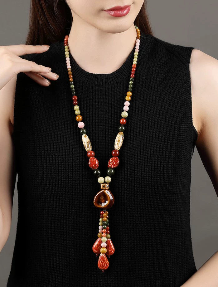 Ethnic Style High-end Ceramic Sweater Chain Women's Long Versatile Pendant Autumn and Winter Necklace 2023 New Jewelry Pendant
