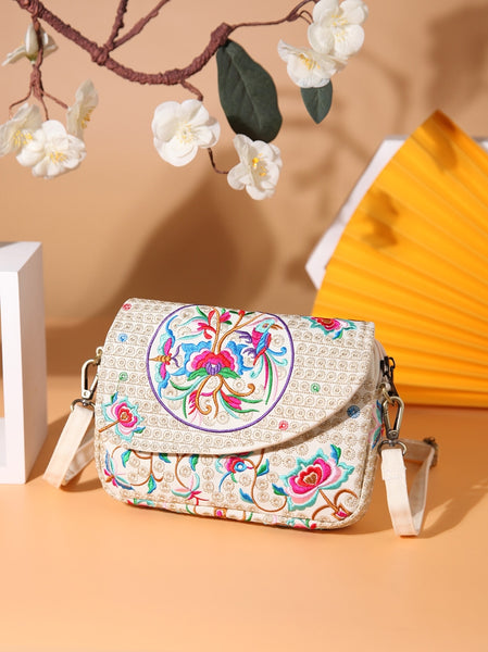 Colorful Cloud Impression Red and Blue Embroidery Versatile Canvas Flap Mobile Phone Crossbody Bag for Women