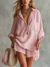 Load image into Gallery viewer, Summer New Women's Fashion Cotton Linen Pockets Beach Shorts Shirt Set