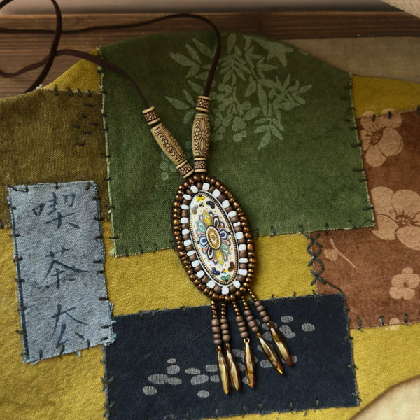 New Tibetan Ethnic Style Retro Old Ceramic Niche Design Art Necklace Sweater Chain