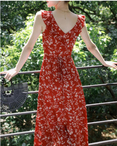 Bohemian New Goddess Style Retro Red Print Sleeveless Ruffle Dress