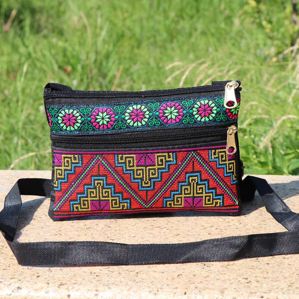 Ethnic Embroidery Single Shoulder Crossbody Bag Double Layer Zipper Bag