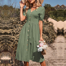 Load image into Gallery viewer, Summer new women's midi skirt short sleeve V-neck solid color dress