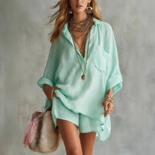 Load image into Gallery viewer, Summer New Women's Fashion Cotton Linen Pockets Beach Shorts Shirt Set