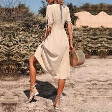 Load image into Gallery viewer, Summer new women's midi skirt short sleeve V-neck solid color dress