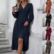 Load image into Gallery viewer, Autumn and Winter New Medium Hairball Diagonal Neck Lantern Sleeve Pleated Waist Dress