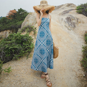 Women's summer new lace-up backless slip dress vintage blue midi vacation dress