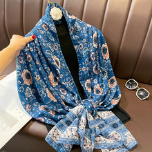 Load image into Gallery viewer, Ethnic Style Spring and Autumn New Blue Cotton Hemp Feel Thin Scarf with Flower Splice Fragmented Flower Retro Versatile Shawl