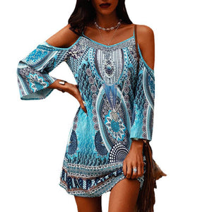 Summer Printed Round Neck Hollowed Out Short Sleeved Off Shoulder Sexy Suspender Dress