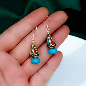 Original Ethnic Tibetan Earrings Female Sterling Silver Natural Turquoise Earrings Nepalese Vintage Palace Earrings