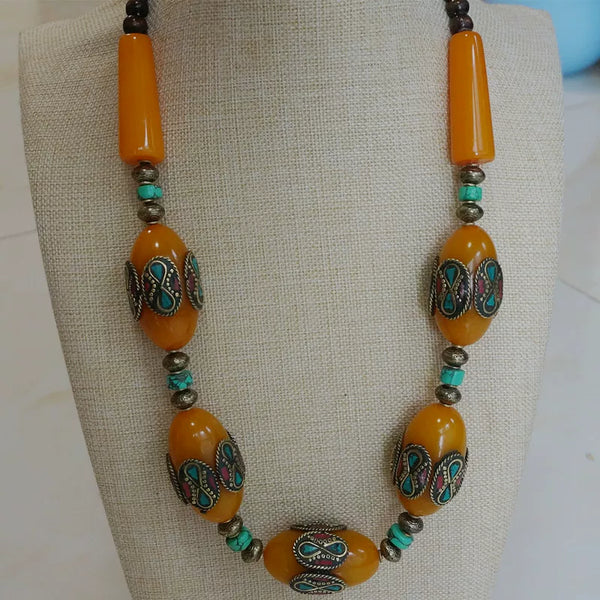 Ethnic Style Tibetan Accessories, Imitation Beeswax Oversized Nepalese Copper Bead Handmade Short Necklace, Sweater Chain