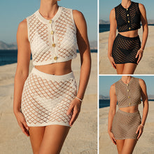 Load image into Gallery viewer, New Cardigan Vest Metal Buckle Short Hollow Suit Skirt Fashion Sunscreen Beach Two-piece Set