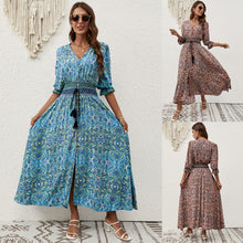 Load image into Gallery viewer, Bohemian Cotton 3/4 Sleeve Waist Casual Resort Beach Dress